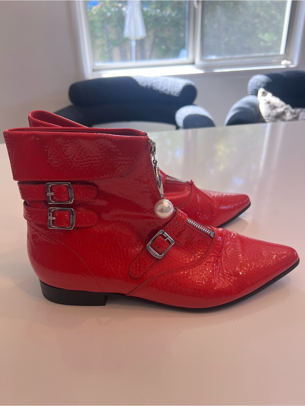 Opening Ceremony Red Patent Leather Pointed Toe Ankle Boots with Pearl Zipper